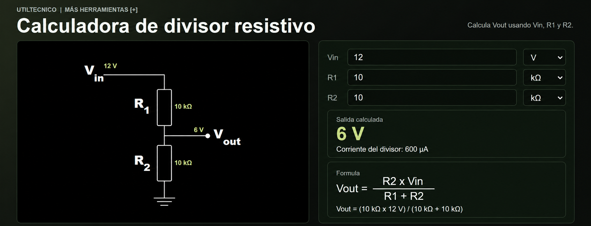 Calculadora de divisor resistivo de Utiltecnico con ejemplo de 12 V