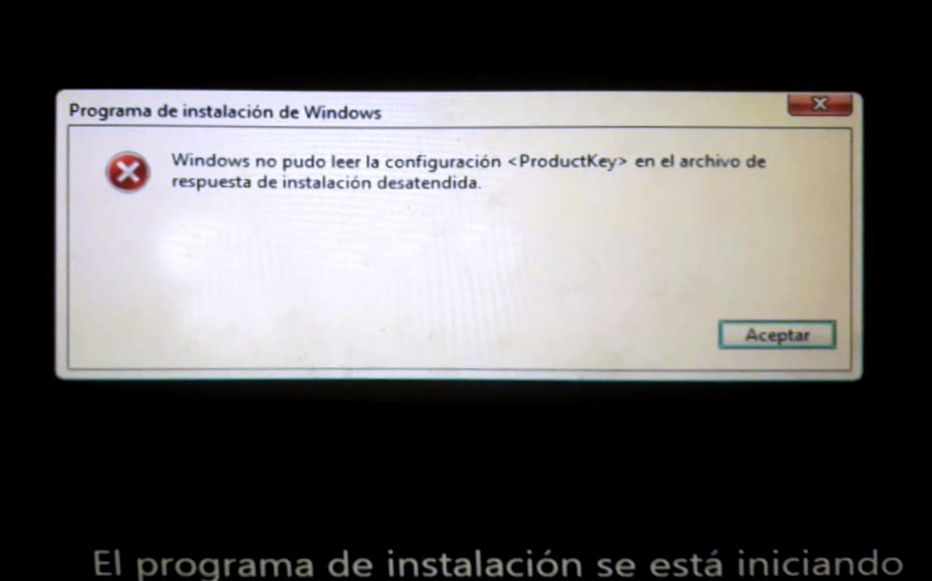 Windows no pudo leer la configuración <ProductKey> en el archivo de respuesta de instalación desatendida Windows no pudo leer la configuración <ProductKey> en el archivo de respuesta de instalación desatendida