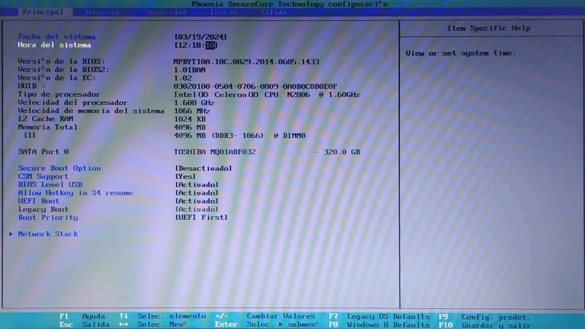 Captura de pantalla del BIOS de la Netbook G5 del gobierno