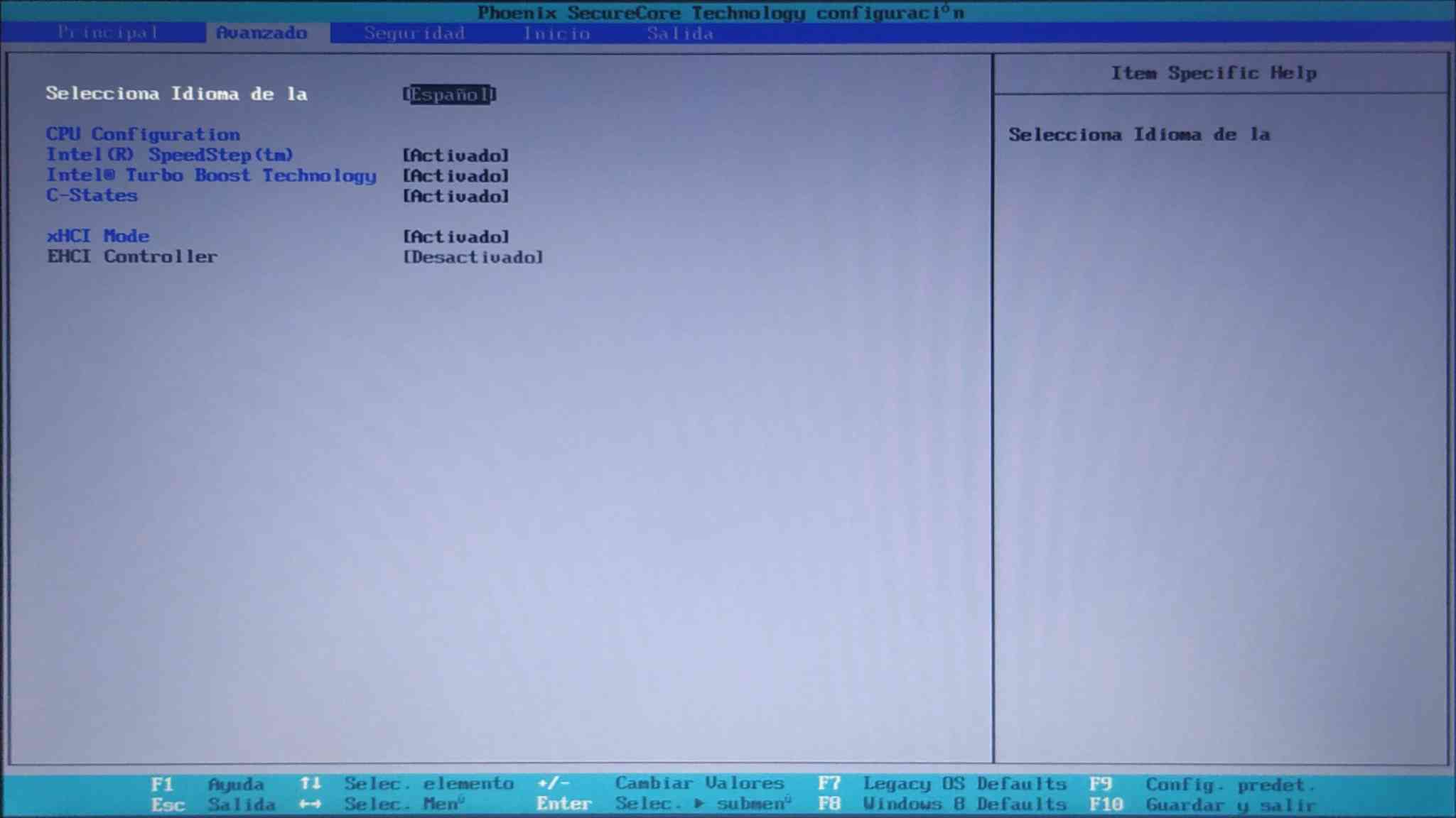Captura de pantalla del BIOS de la Netbook G5 del gobierno
