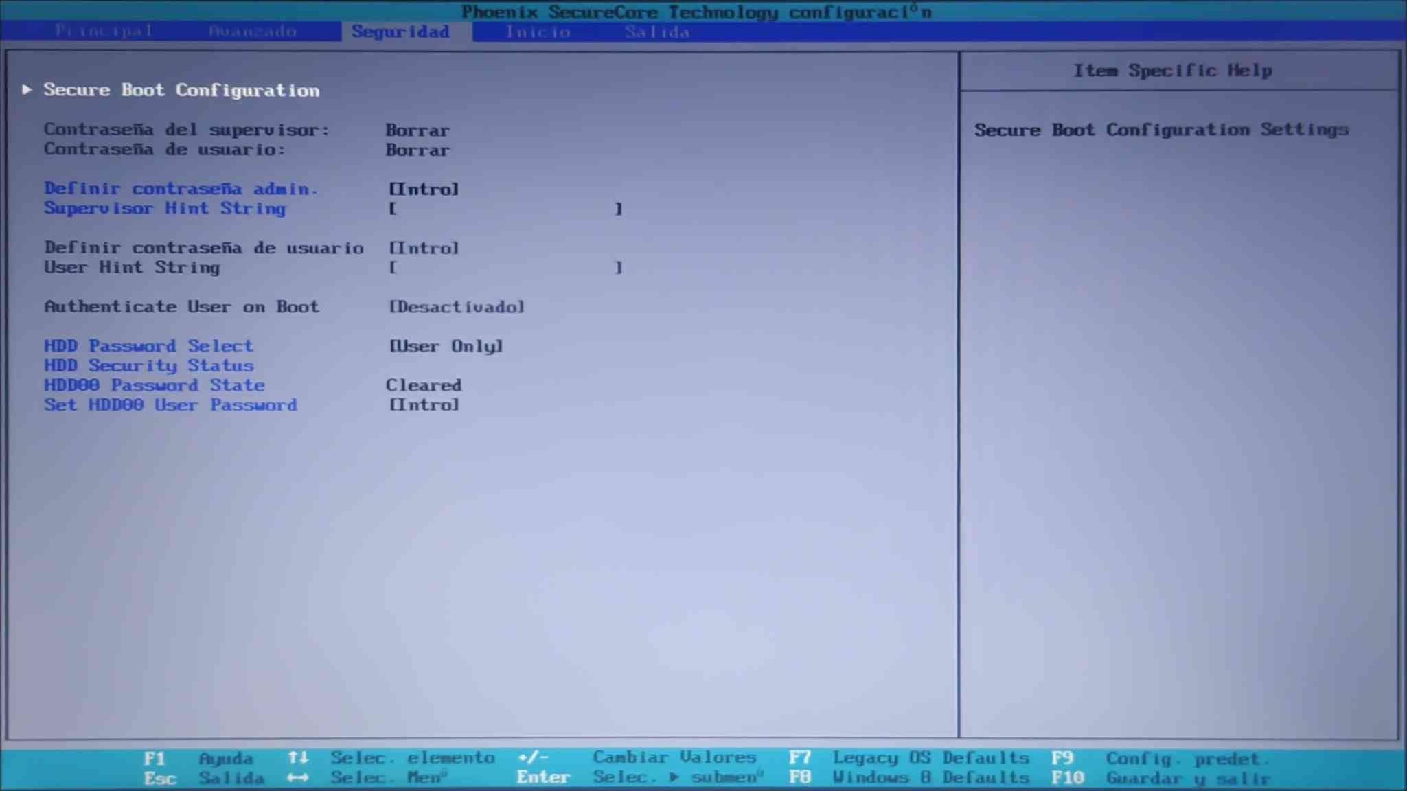 Captura de pantalla del BIOS de la Netbook G5 del gobierno