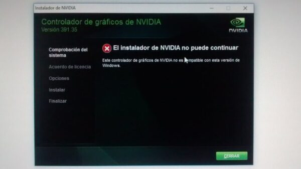 El instalador de NVIDIA no puede continuar. Problema al instalar driver