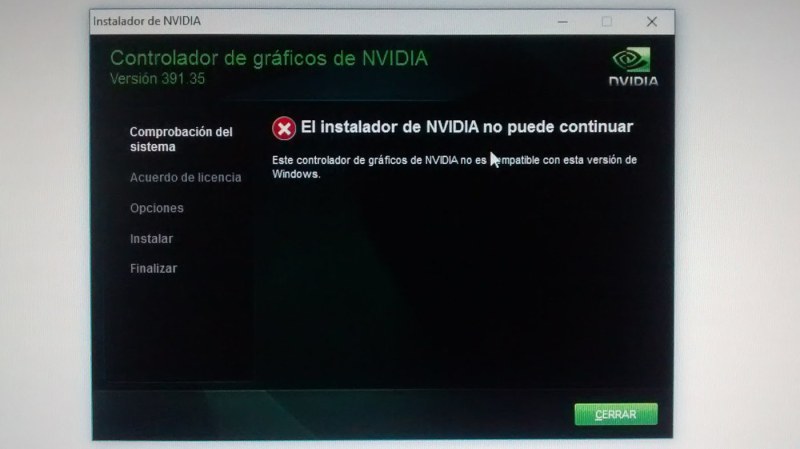 El instalador de NVIDIA no puede continuar. Problema al instalar driver