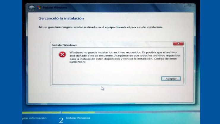 Error 0x80070570. Se canceló la instalación