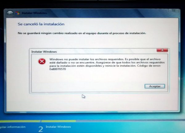 Error 0x80070570. Se canceló la instalación.