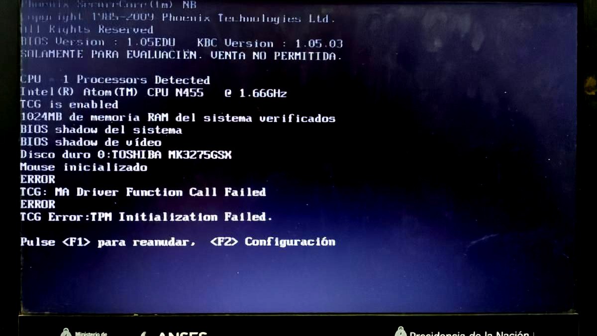 Netbook Error TCG Error TMP Initialization Failed